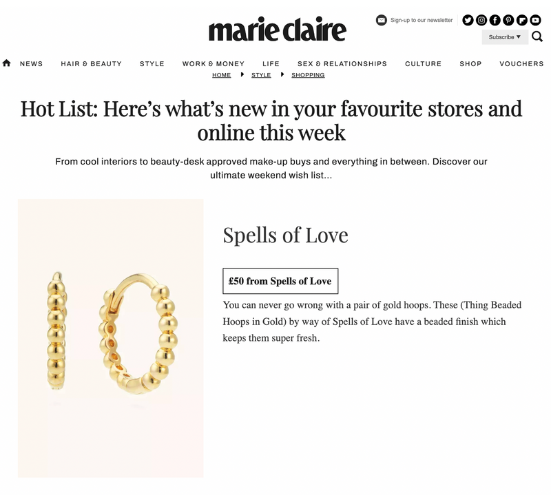 Our Thin Beaded Hoops featured in Marie Claire