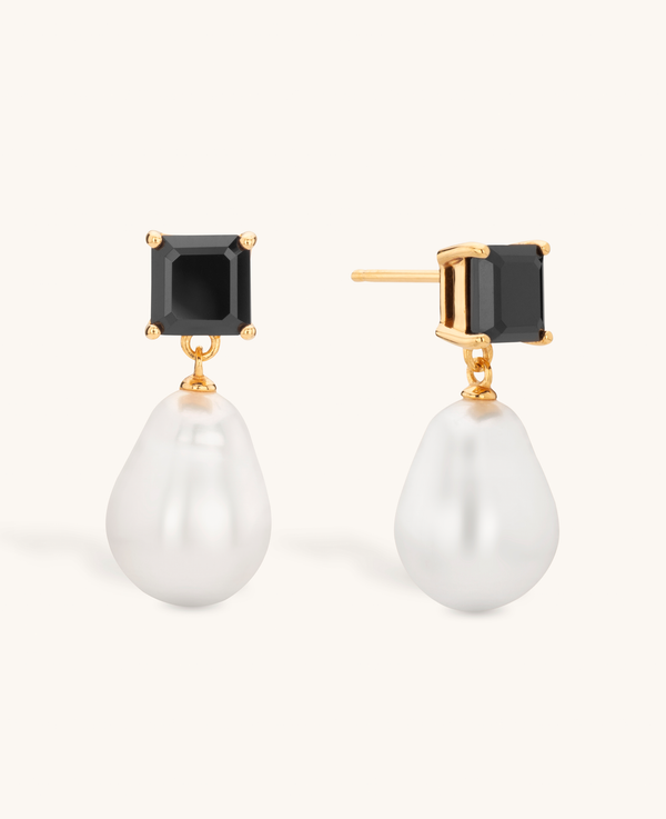 Black Spinel and Pearl Drop Earrings
