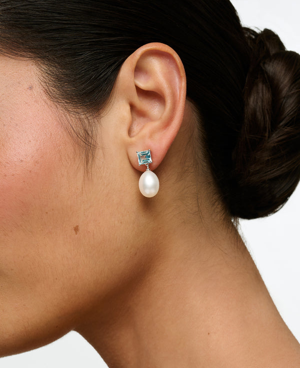 Blue Topaz and Pearl Drop Earrings
