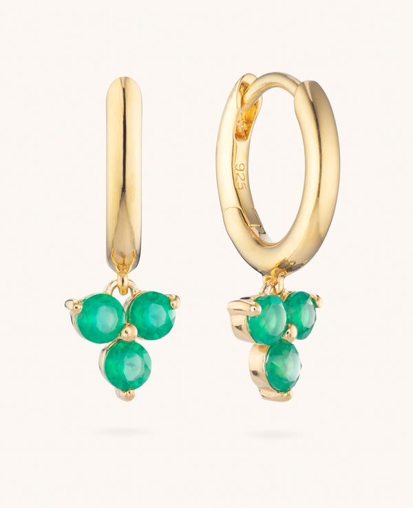Green Onyx Fleur Dangle Hoops Gold