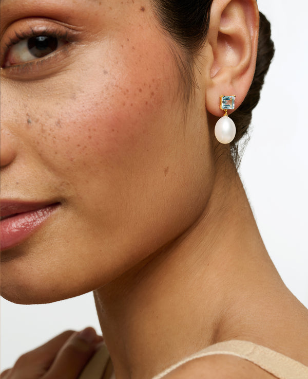 Blue Topaz and Pearl Drop Earrings