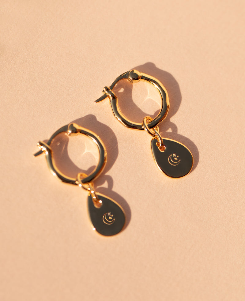 Moon Engraved Charm Hoops Gold