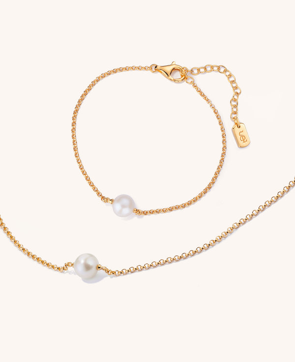(PRE ORDER) Floating Pearl Necklace & Bracelet Set Gold