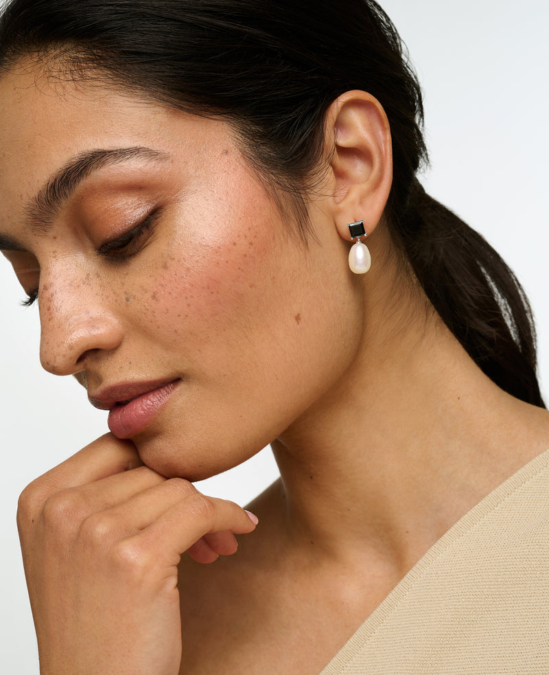 Black Spinel and Pearl Drop Earrings