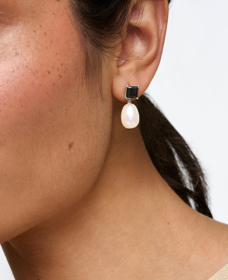 Black Spinel and Pearl Drop Earrings