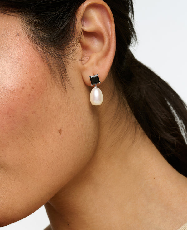 Black Spinel and Pearl Drop Earrings