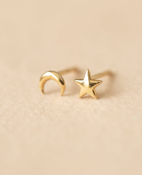 Solid 9K Gold Star and Moon Studs