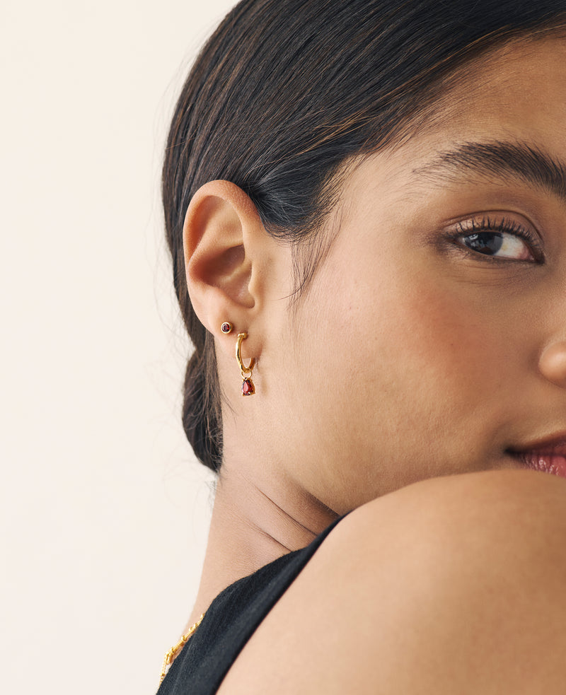 *AVAILABLE FOR PRE-ORDER * Teardrop Garnet Charm Hoops