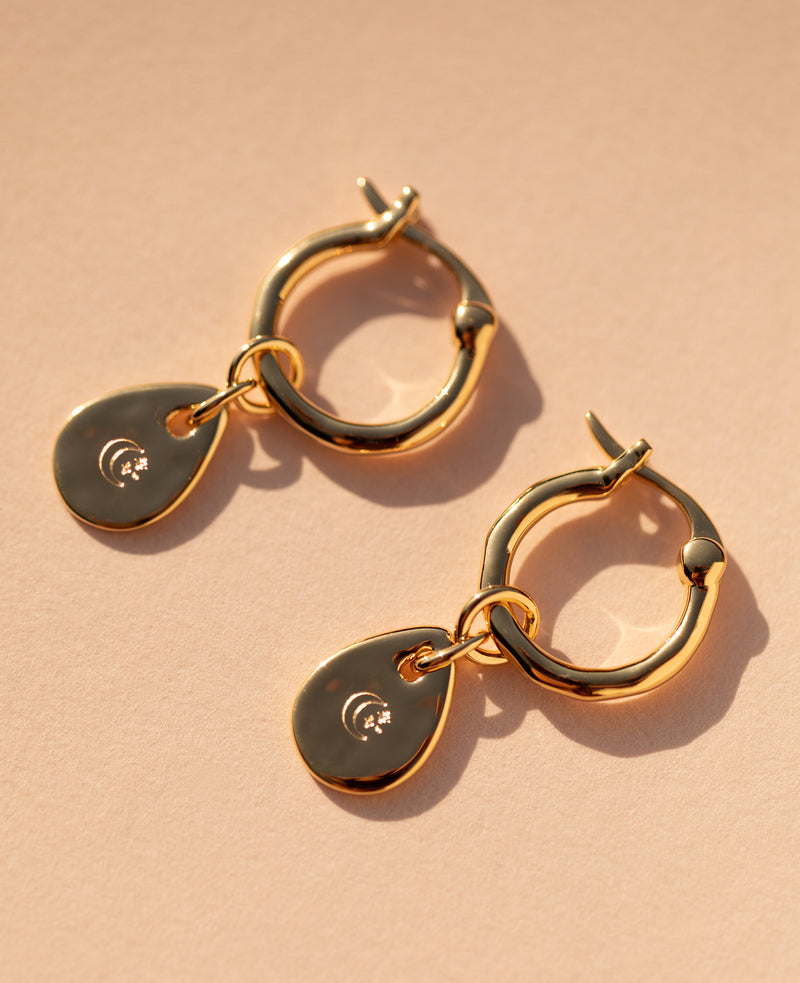 Moon Engraved Charm Hoops Gold