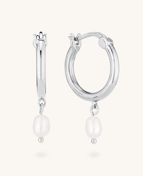 Mini Freshwater Pearl Drop Hoops Silver