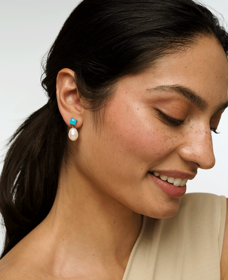 Turquoise and Pearl Drop Earrings - Main Image