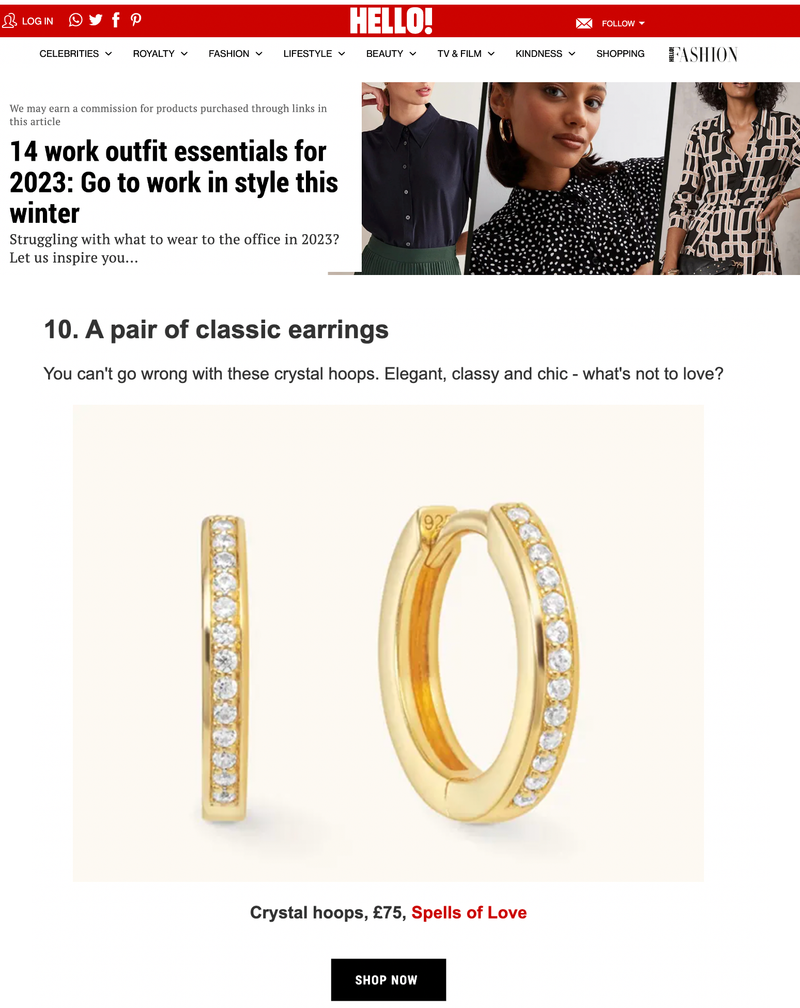 Our Large Crystal Hoops featured in Hello! Magazine
